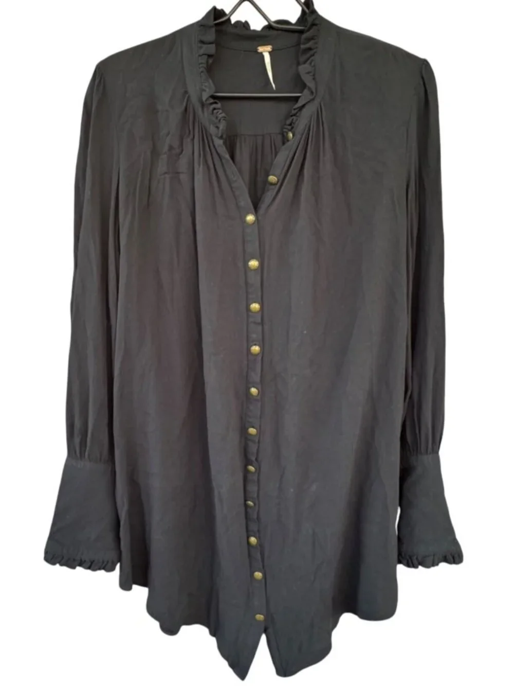 Free People Womens Medium Black Long Sleeve Button Up Ruffle Tunic Blouse Top